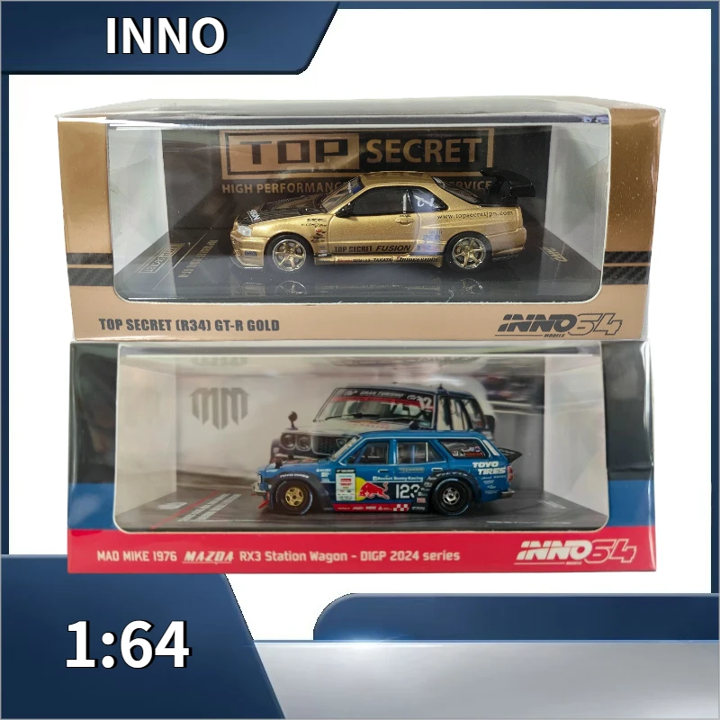 Inno 1:64 Mazda RX-3 Touring Edition D1GP drifting car modification, Nissan GTR34, cast alloy car model, collectible.