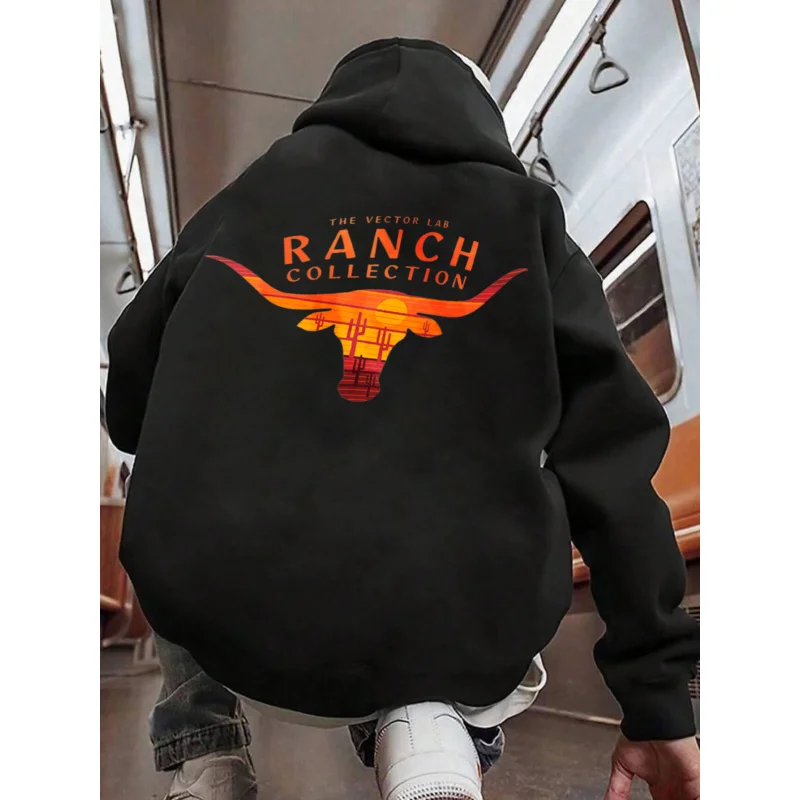 هوديي رجالي Black Ranch Collection Longhorn Bull Print عالي الجودة من القطن كاجوال ملابس الشارع الشهير في الهواء الطلق #3