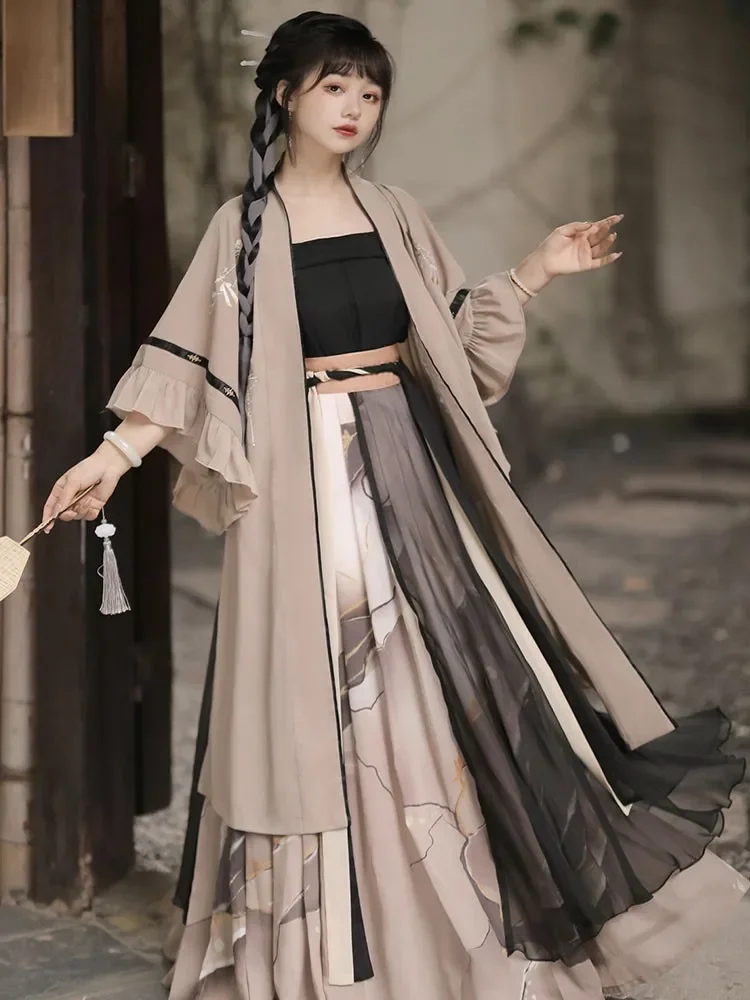 طقم فستان هانفو 3 قطع للنساء ، زي تنكري صيني تقليدي ، طباعة عتيقة ، موضة صيفية ، Y2K