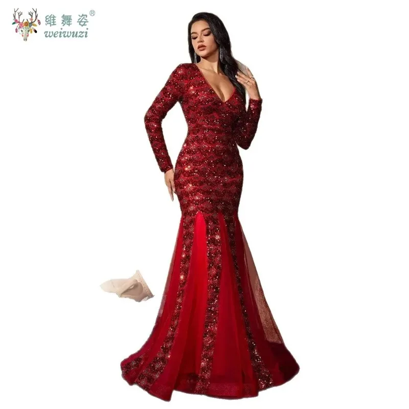 Abito da sera a sirena in rete patchwork con paillettes rosse autunno e inverno Abito da sera elegante con maniche lunghe e vestibilità slim