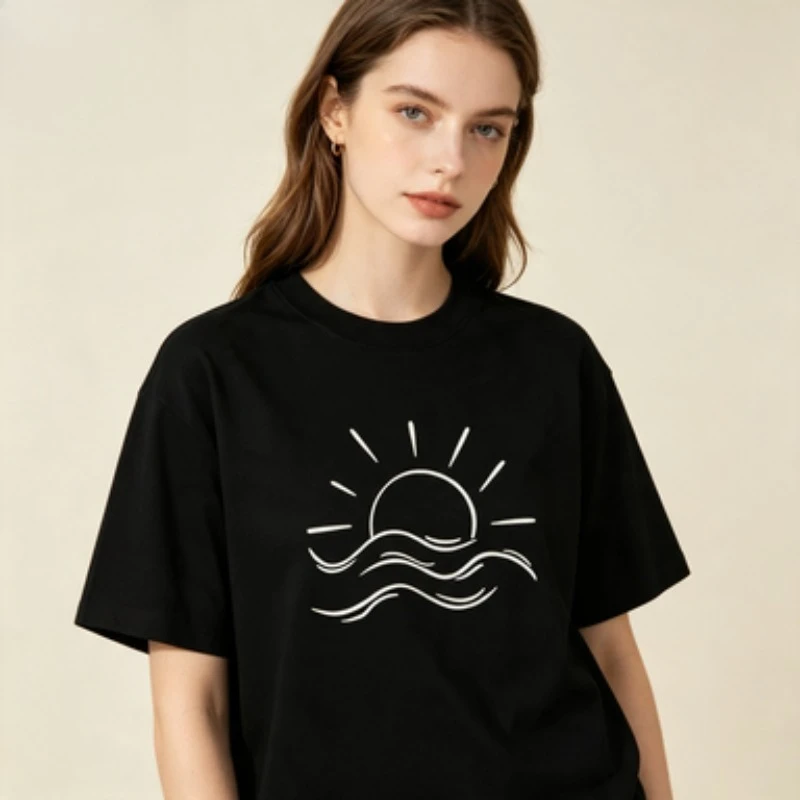 Boho Aesthetic Women Cotton Tshirt Simple Sunrise Sea Wave Line Drawing Graphic Minimal Ocean Beach Casual Daily Short  Tees