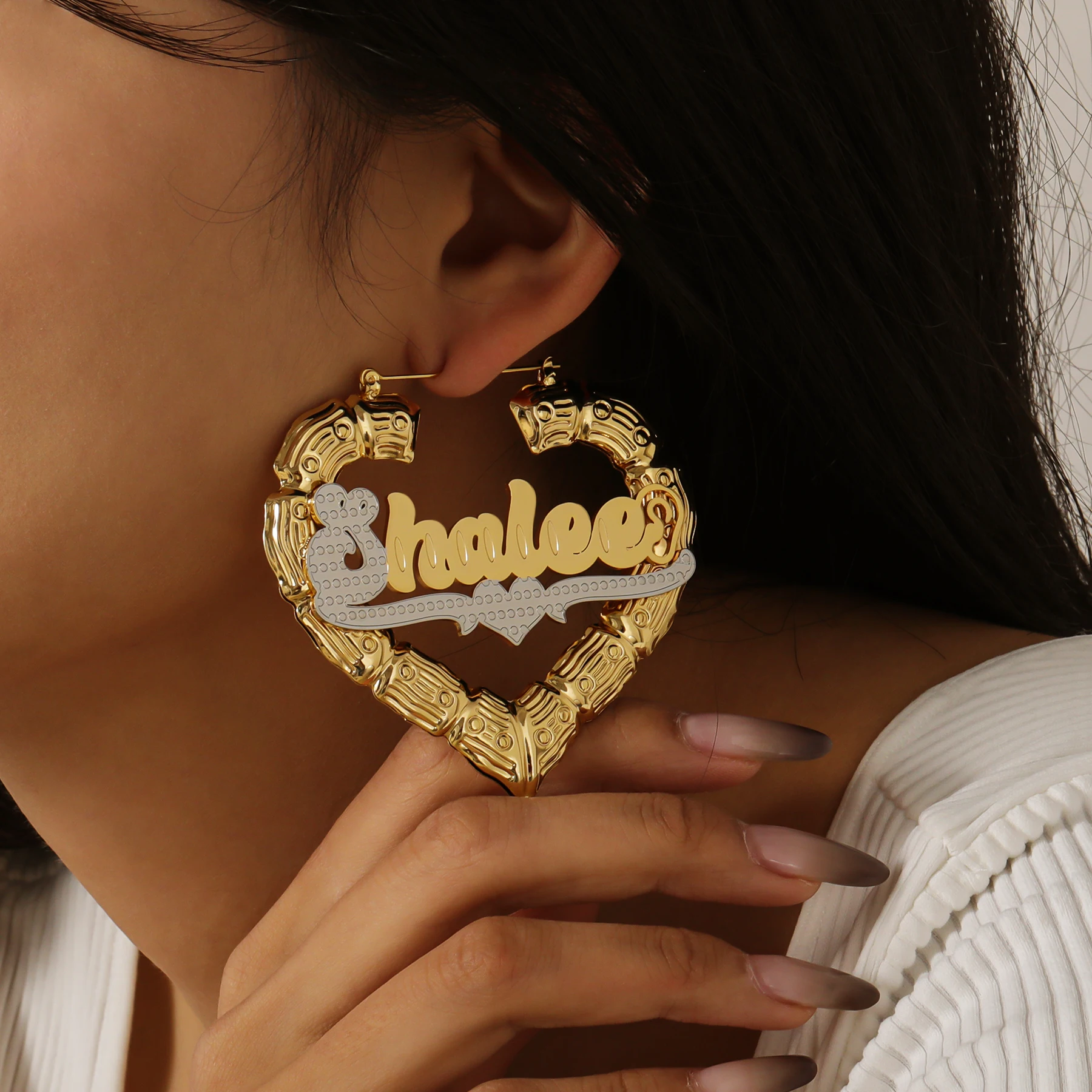 Custom Hoop Name Earrings Personalized Heart Names Earring Bamboo Novel Women's Earrings Nameplate Earring With Name For Women