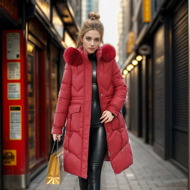 Chaqueta acolchada con cuello de piel grande para mujer, abrigo cálido con capucha de Color puro, Chaqueta de algodón con 2 bolsillos, ropa de invierno