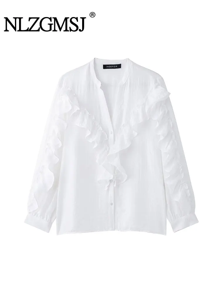 

2024, весна-лето, повседневная шикарная женская блузка, однотонная многоуровневая блузка с v-образным вырезом и длинными рукавами на пуговицах, новые модные офисные женские рубашки