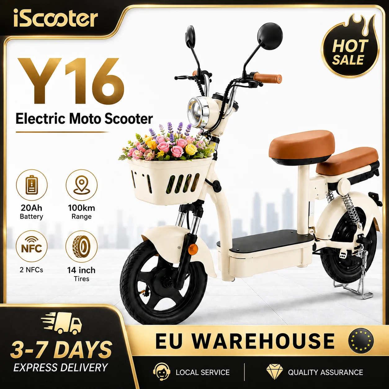 iScooter Y16 1200W 48V20Ah 90-100km de autonomía, asiento con cestas, patinete eléctrico urbano para compras, 14 pulgadas, amortiguación delantera/trasera, patinetes eléctricos