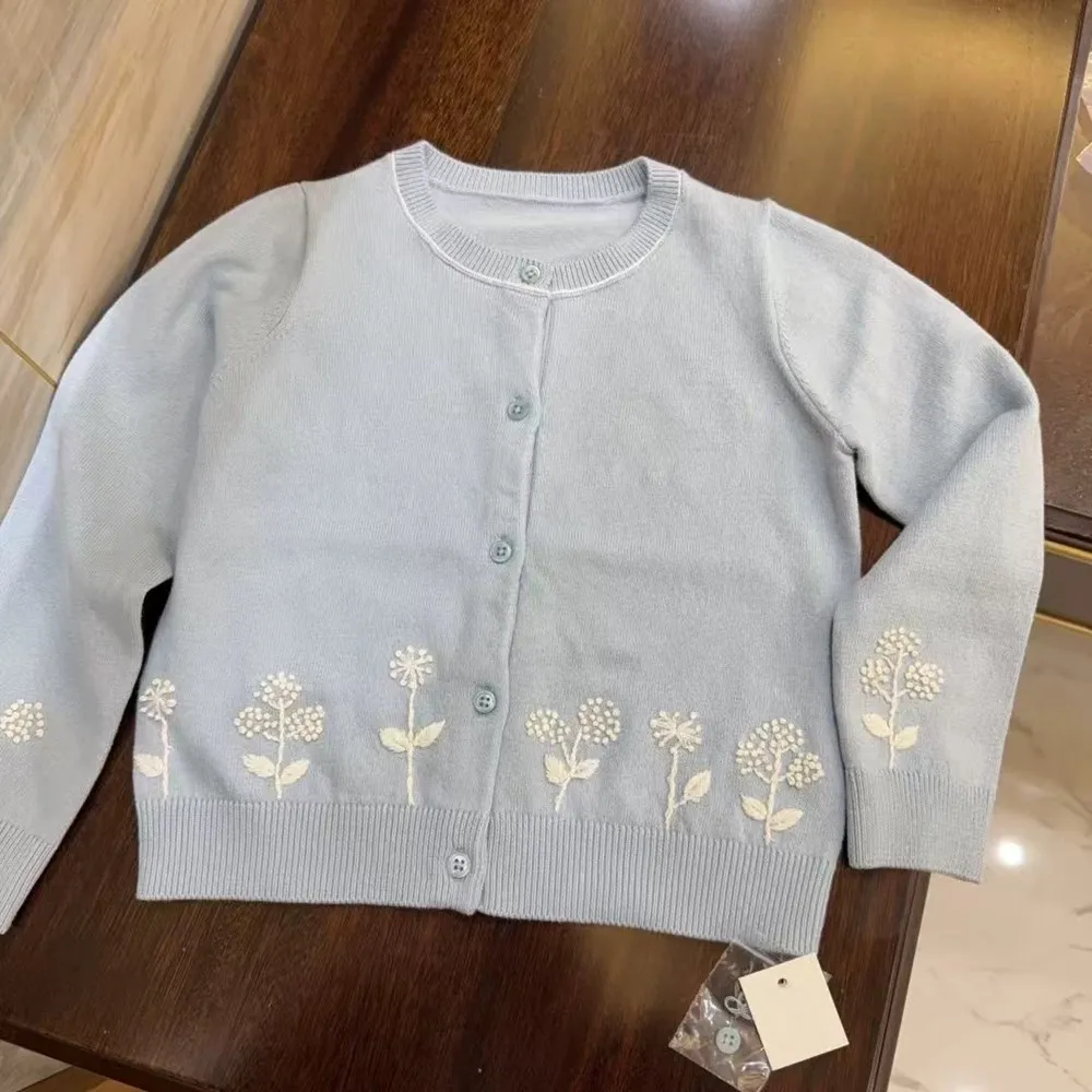 

kids girl clothes baby coat Flower pattern embroidery Blue knitted cardigan Girls' autumn sweater jacket