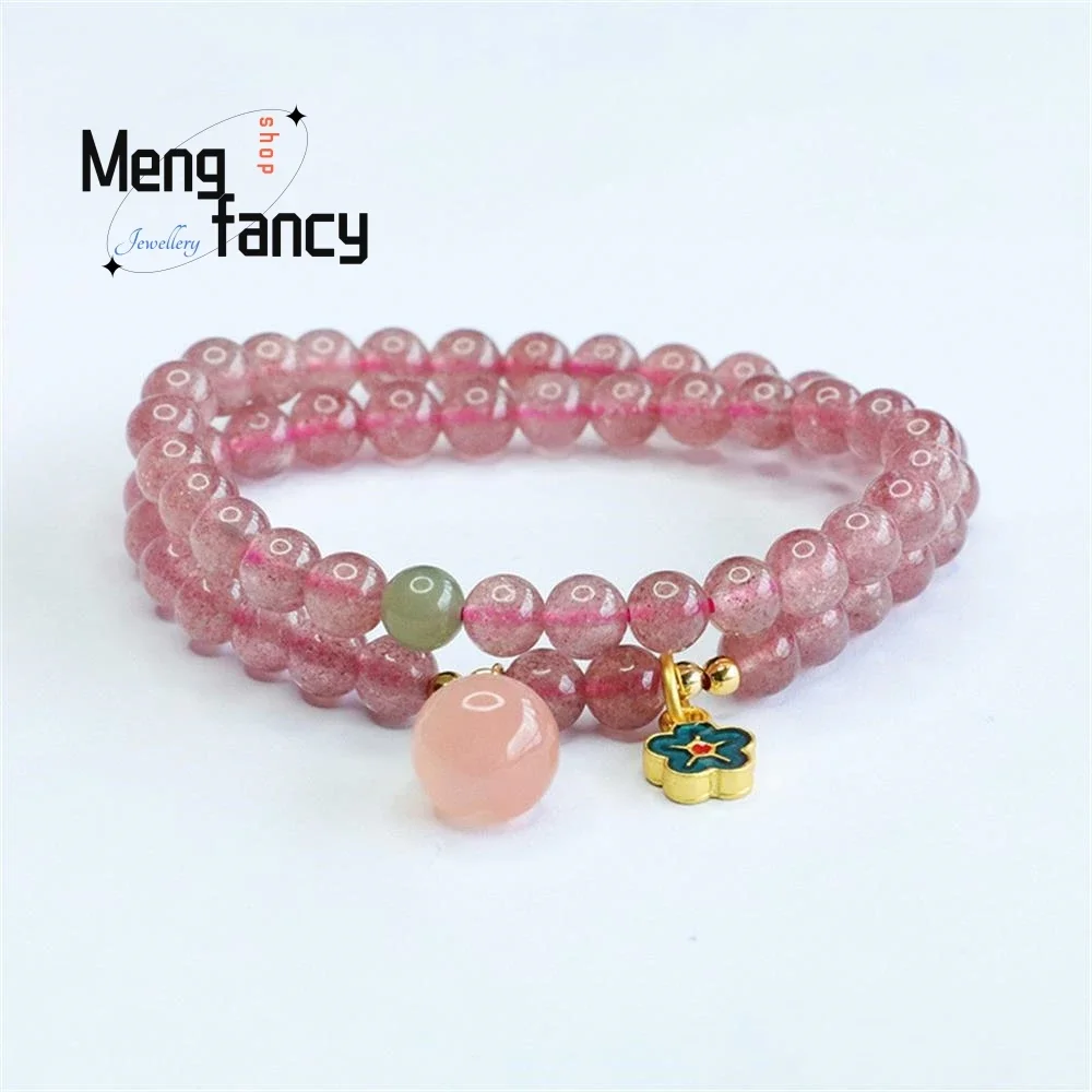 

Natural Crystal Strawberry Crystal Two Loops Salt Source Peach Hand Bracelet Simple Wlegant High-grade Luxury Quality Jewelry