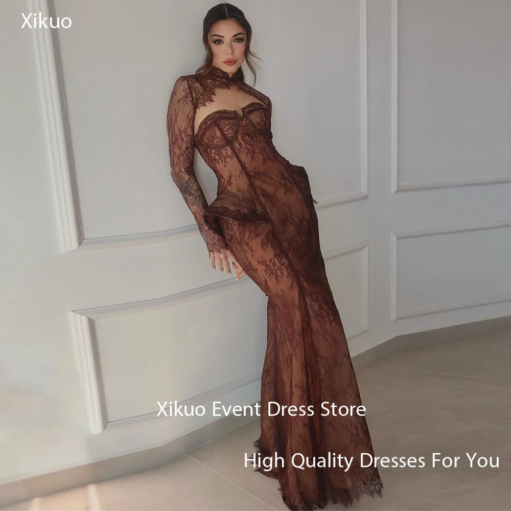 

Xikuo Элегантное кружевное вечернее платье с аппликацией Русалка с длинными рукавами Вечерние платья Сексуальный халат с высоким воротом на заказ