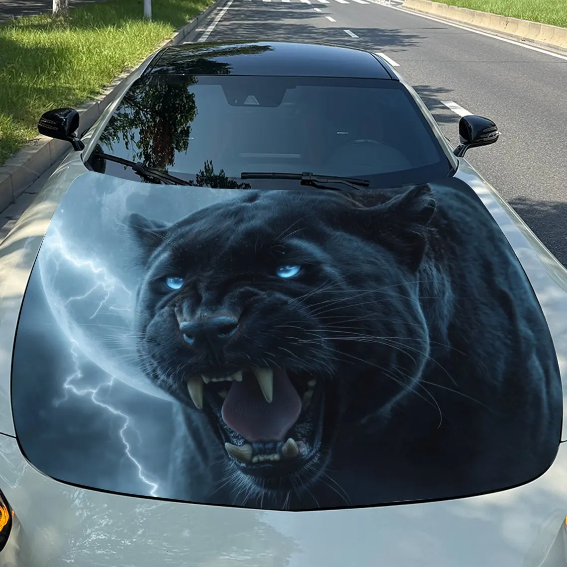 

Lightning Blue-Eyed Leopard Vinyl Wrap, PVC Waterproof Hood Vinyl Wraps Sticker, Self-Adhesive Scratch- Stickers For Engine Cove