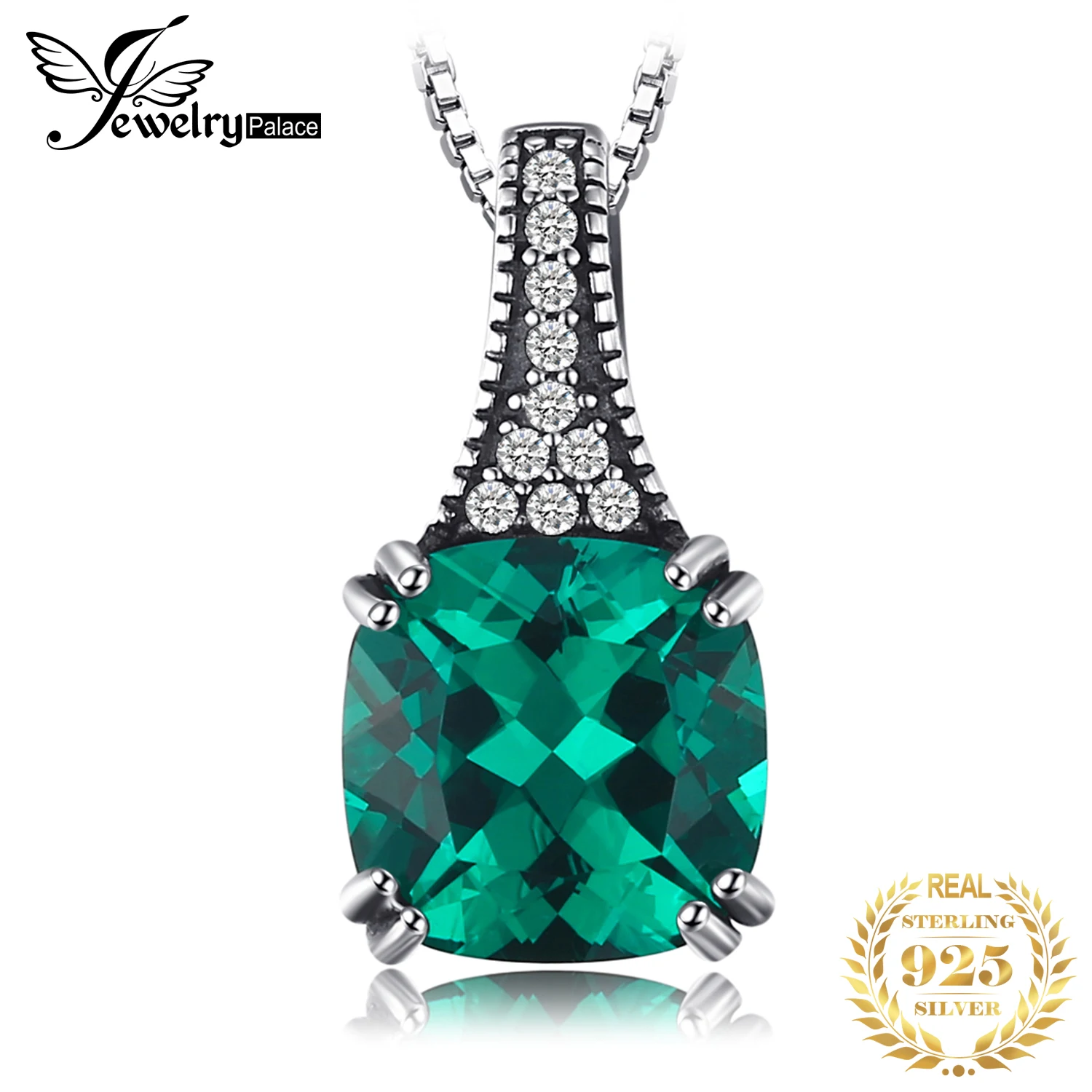 JewelryPalace 2.1ct Cushion Simulated Nano Emerald 925 Sterling Silver Pendant Necklace for Women Fashion Jewelry Without Chain