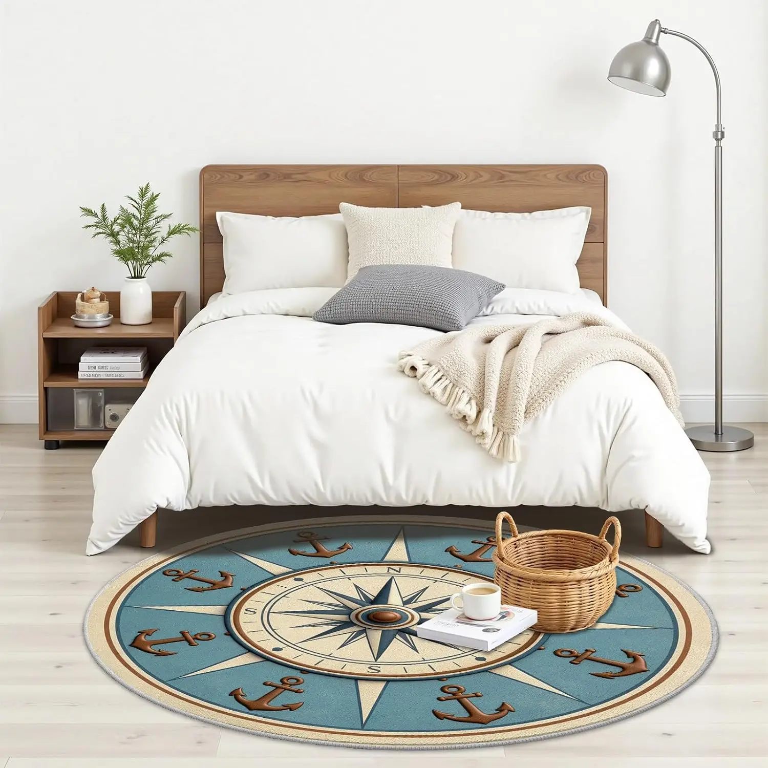 Circular Nautical Rug Mat with Compass Rose and Anchor Design for Living Room and Entryway Home Decor Area Accent Flooring Carpe