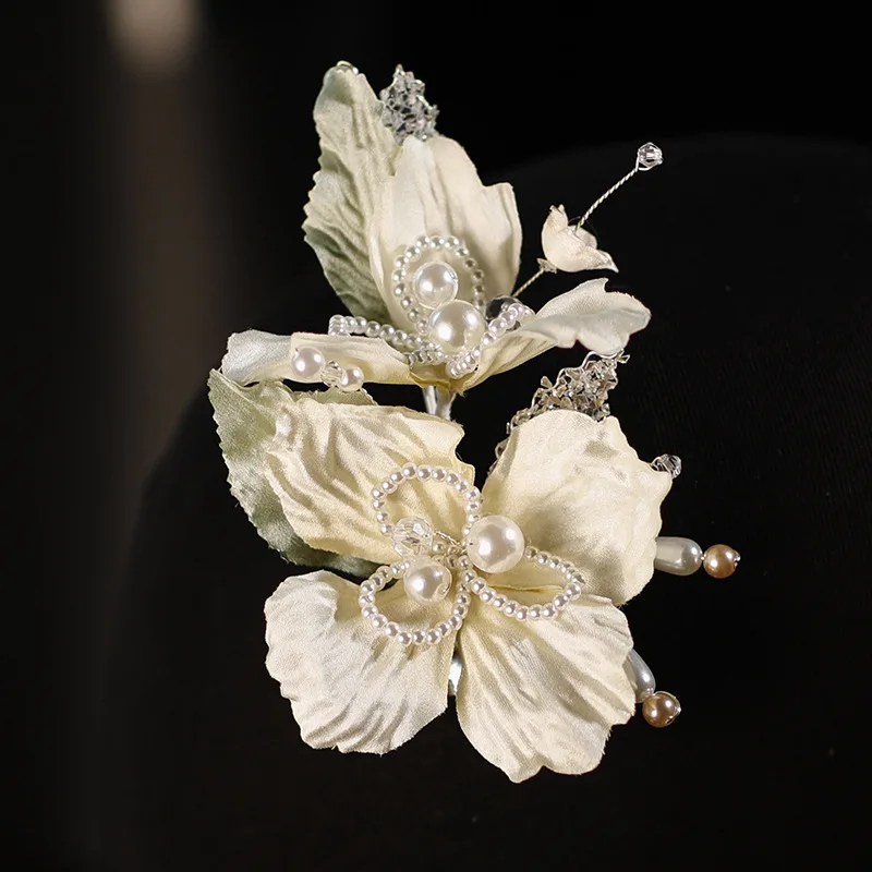 جديد النمط الصيني اليدوية البيج زهرة الزفاف غطاء الرأس الصباح العباءات الكلاسيكية شرابة دبوس الشعر ماكياج اكسسوارات مجموعة