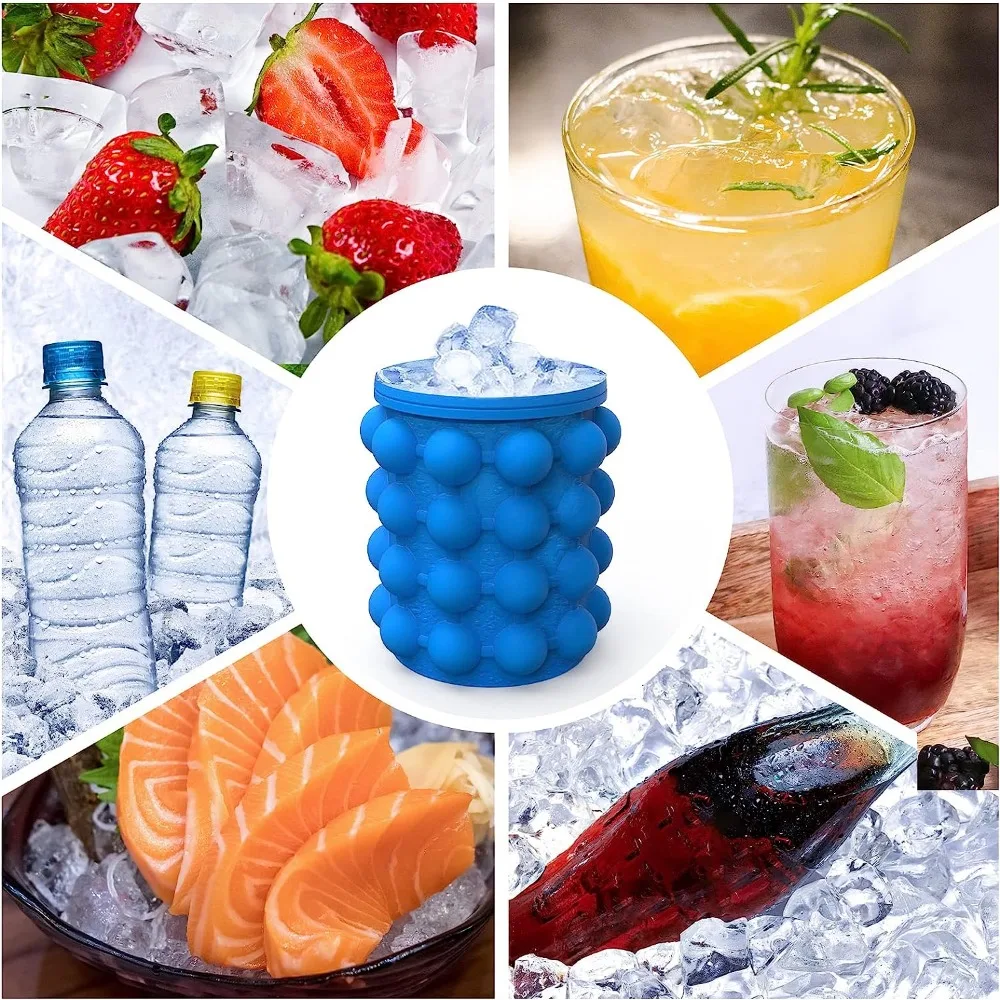 2 in 1 Ice Cube Mold Ice Trays Large Silicone Ice Bucket Portable Frozen Drink Maker for Whiskey Beer Kitchen Tools