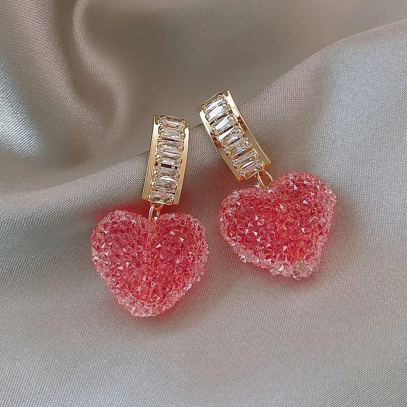 Pendientes colgantes de corazón rosa para mujer, joyería de cristal dulce, regalos para niñas, novedad de 2023