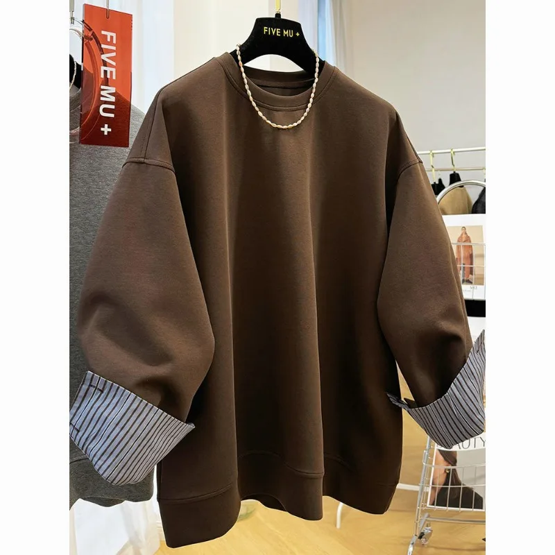 Camicia a righe in due pezzi finta a contrasto stile americano con felpa girocollo per top casual ampio invernale da donna