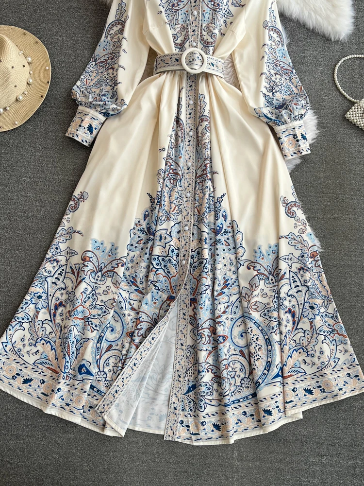 Floral Print Elegant Women\'s Long dresses Vintage A-Line Long Sleeve Casual Party Maxi Dress Ladies Vestidos Spring Autumn