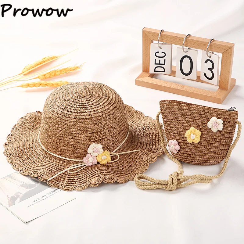 2024 Girls Straw Hat Summer Children Sun Hat Flower Holiday Beach Cap With Kids Bag Street Outdoor Wide Cap For 3-10Y