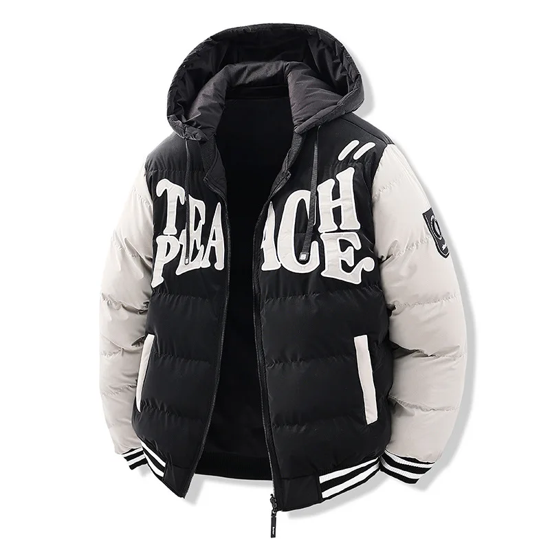 

Men's Fashion Varsity Baseball Parkas With Removable Hood College Overcoat Cotton Padded Thick Thermal Reversible Jacket