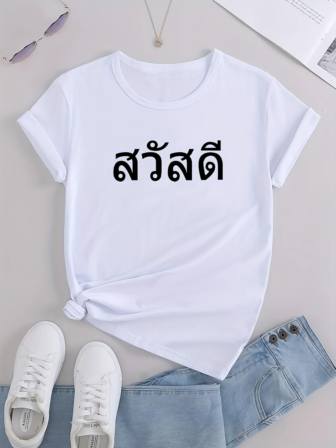 تي شيرت نسائي كاجوال بأكمام قصيرة مع نص تايلاندي وطباعة هندسية صيفية بأكمام قصيرة ملابس هاراجوكو ملابس الشارع الشهير تي شيرت #4