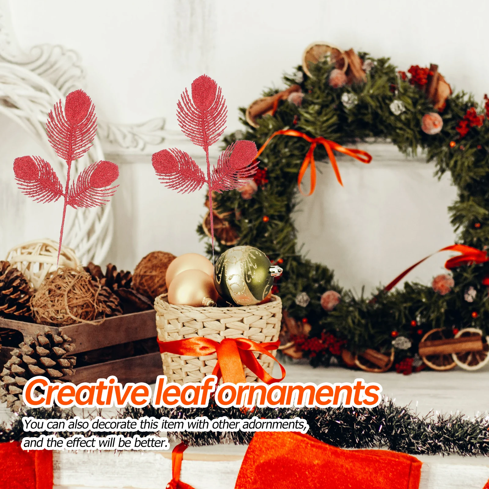 

6 Pcs Plant Christmas Tree Decoration Pendant Xmas Leaves Ornament Glitter Powder Artificial Leaf