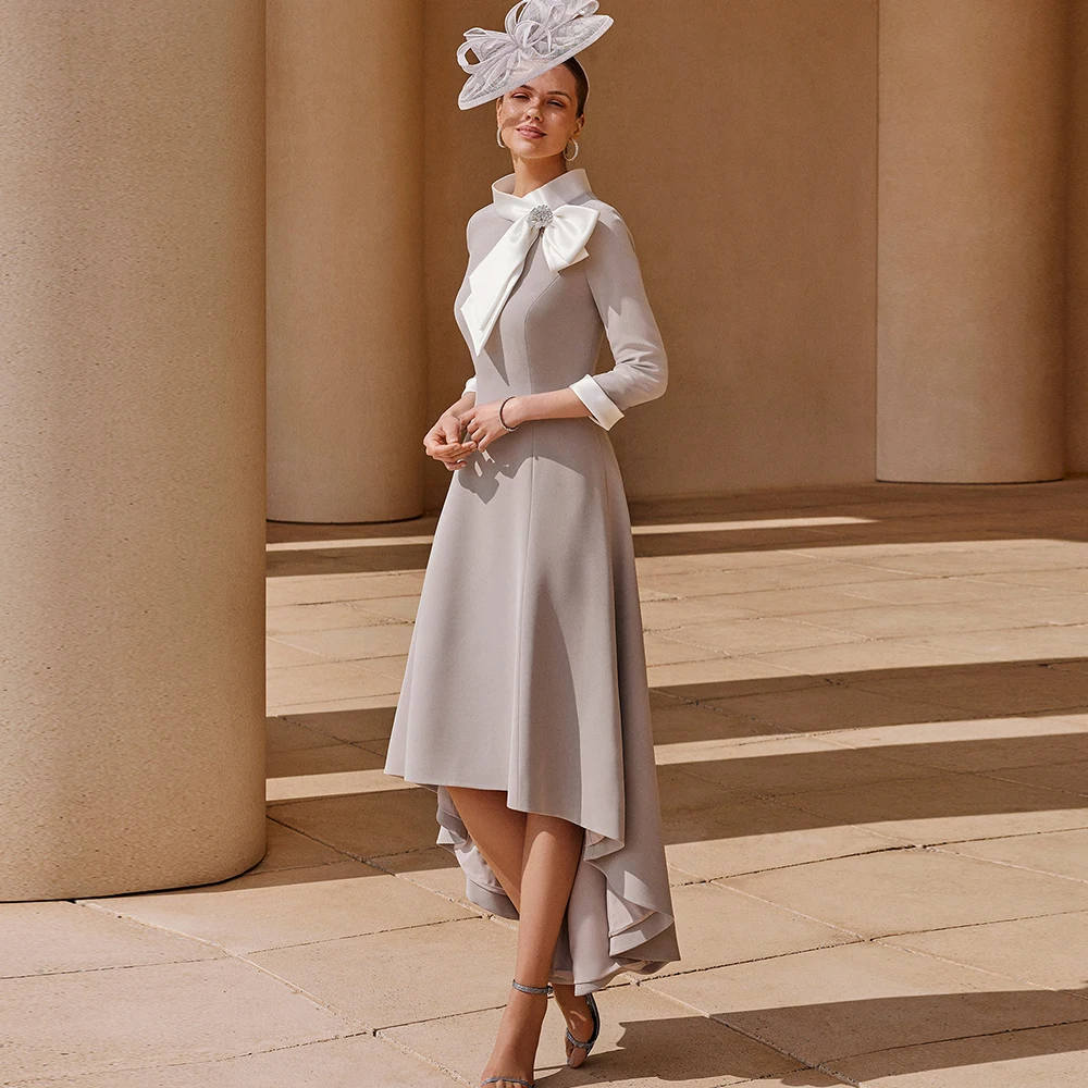 Vestido elegante para madre de la novia, manga 2023, cuello alto, línea A, vestidos de invitados de boda con lazo de flores, 3/4