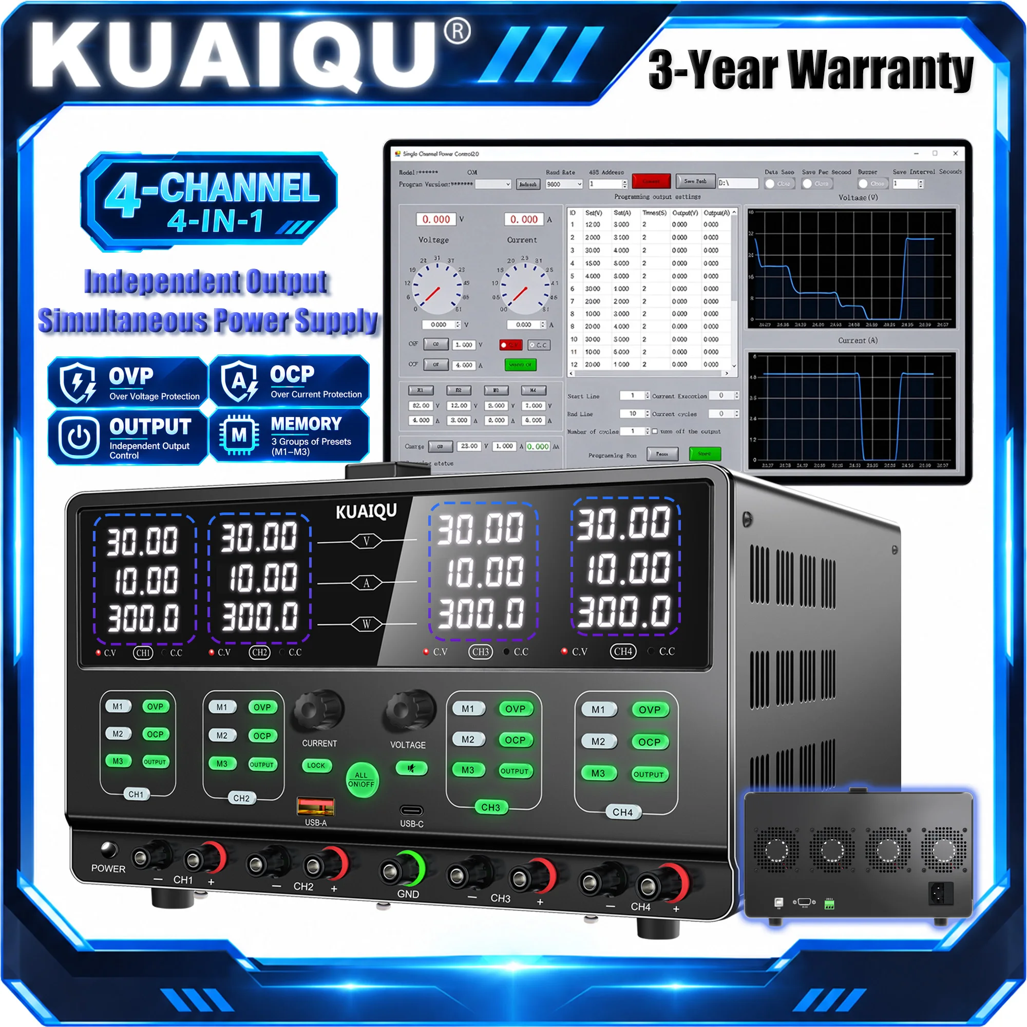 KUAIQU 4-Channel Lab Adjustable Power Supply, 12V 24V 30V 48V 60V Bench Power Supply, DC Power Supply with USB/RS232/RS485