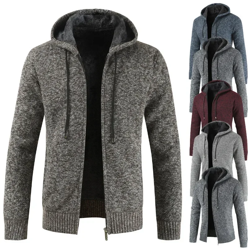 2023 Winter Thick Cardigan Mens Sweater Zipper Hooded Fashion Warm Slim Fit Knitted Sweater Male Fleece Hoodies Coats Men M-4Xl