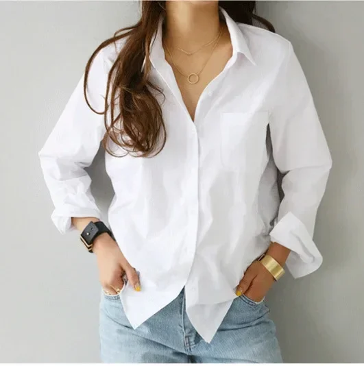 White Women Shirt Long Sleeve Casual Turn Down Collar Workwear Office Lady Buttons Soft Solid Feminine Top Fashion New