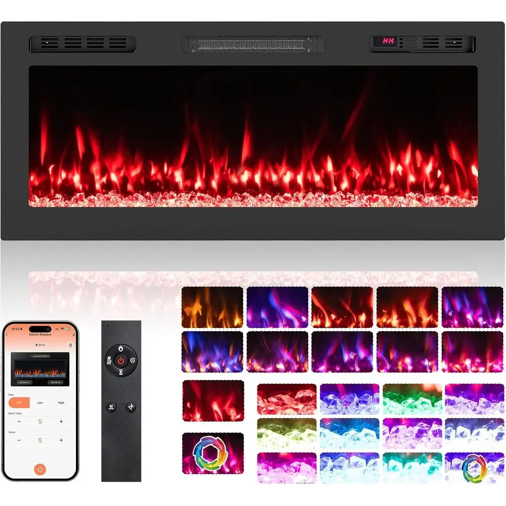 

42 Wi-Fi Smart Electric Fireplace, Linear Recessed & Wall-Mountable, 12 Color Options, 5 Brightness Levels, Remote, 12H Timer