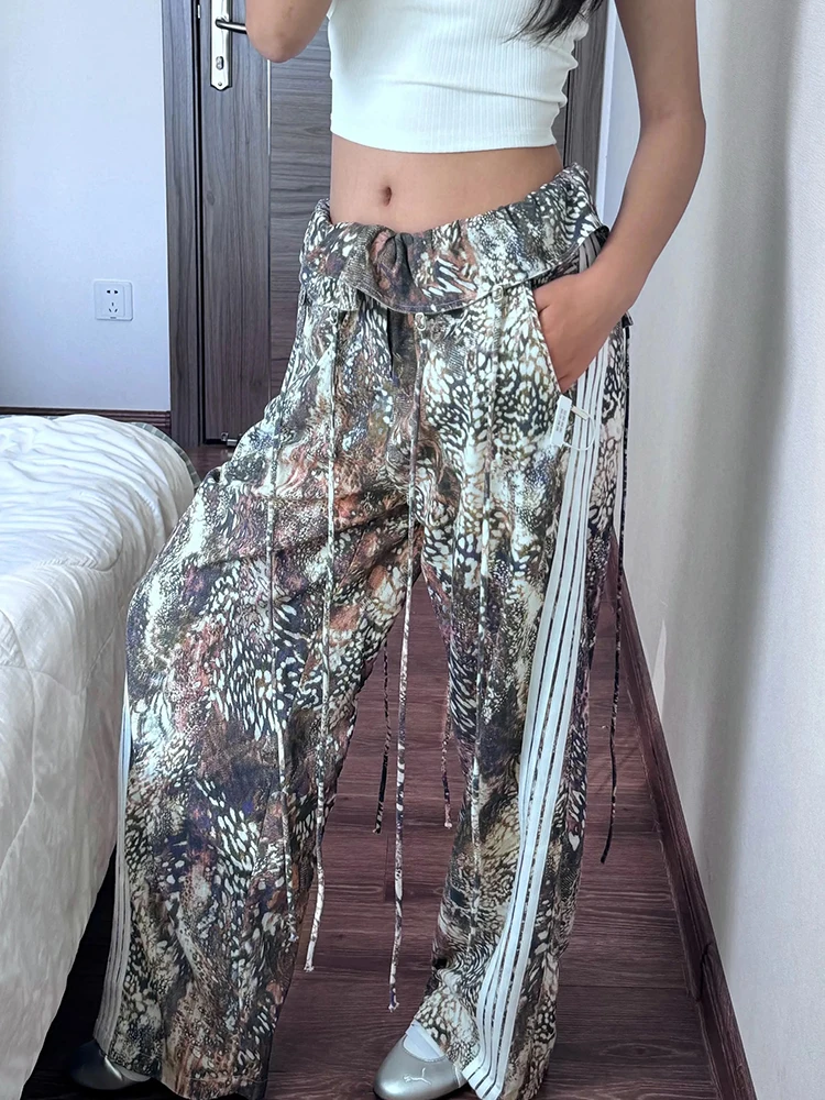 

Leopard print flared waist head wide leg pants 2025 summer new linen loose casual pants women