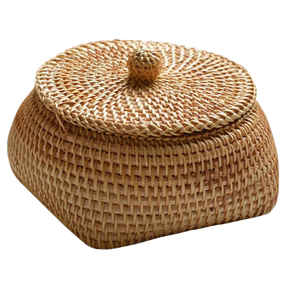 

Woven Storage Basket with Lid Reusable Household Bread Fruit Egg Basket Snack Organizer Woven Storage Box with Lid