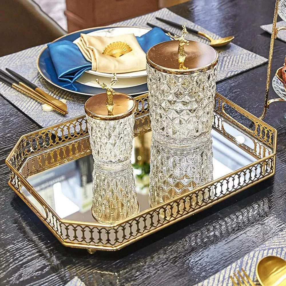 

Luxury Gold Mirror Storage Tray Round Rectangle Metal Jewelry Tray Large Capacity Glass Makeup Snack Tray Tea Tray Decoration