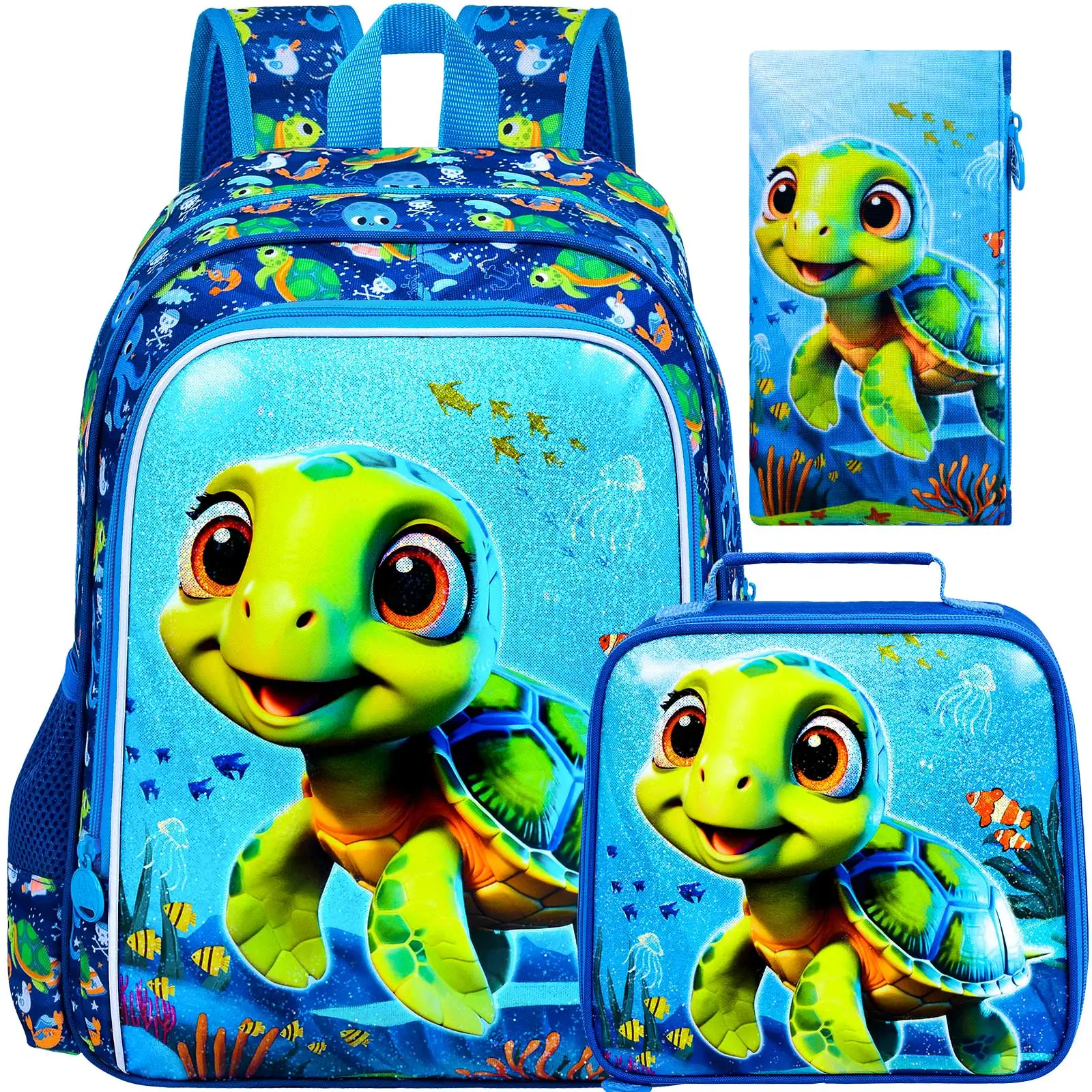 

16" Kids Backpack for Boys, 3Pcs Tortoise Kindergarten Preschool Elementary Bookbag Set, School Backpacks with Lunch Box(Blue)