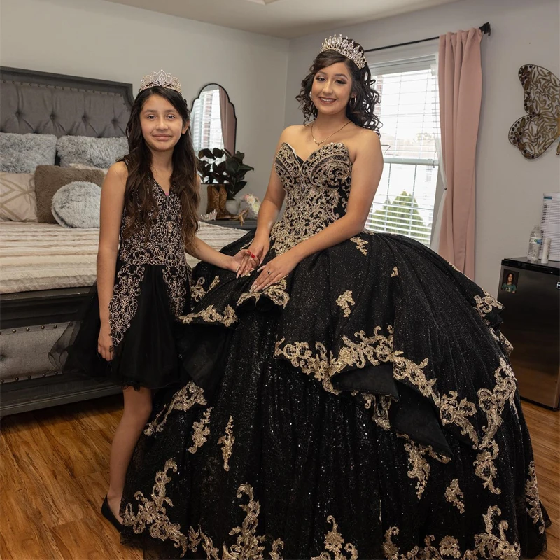 ANGELSBRIDEP Black And Gold Appliqued Quinceanera Dresses Vestidos De 15 Anos Applique Crystal Princess Birthday Gown Customized