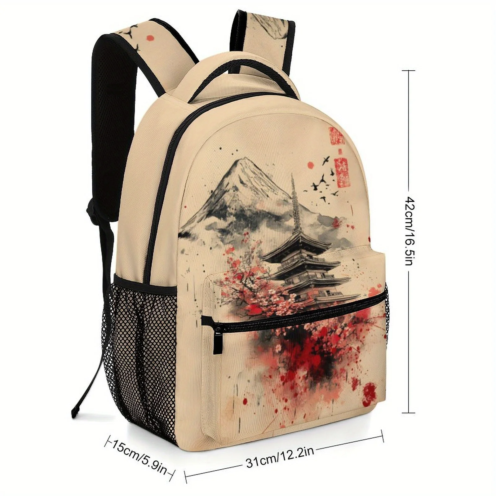 Japanese Landscape, Mountains And Cherry Fashionable Printed Backpack, Lightweight And Durable Fabric