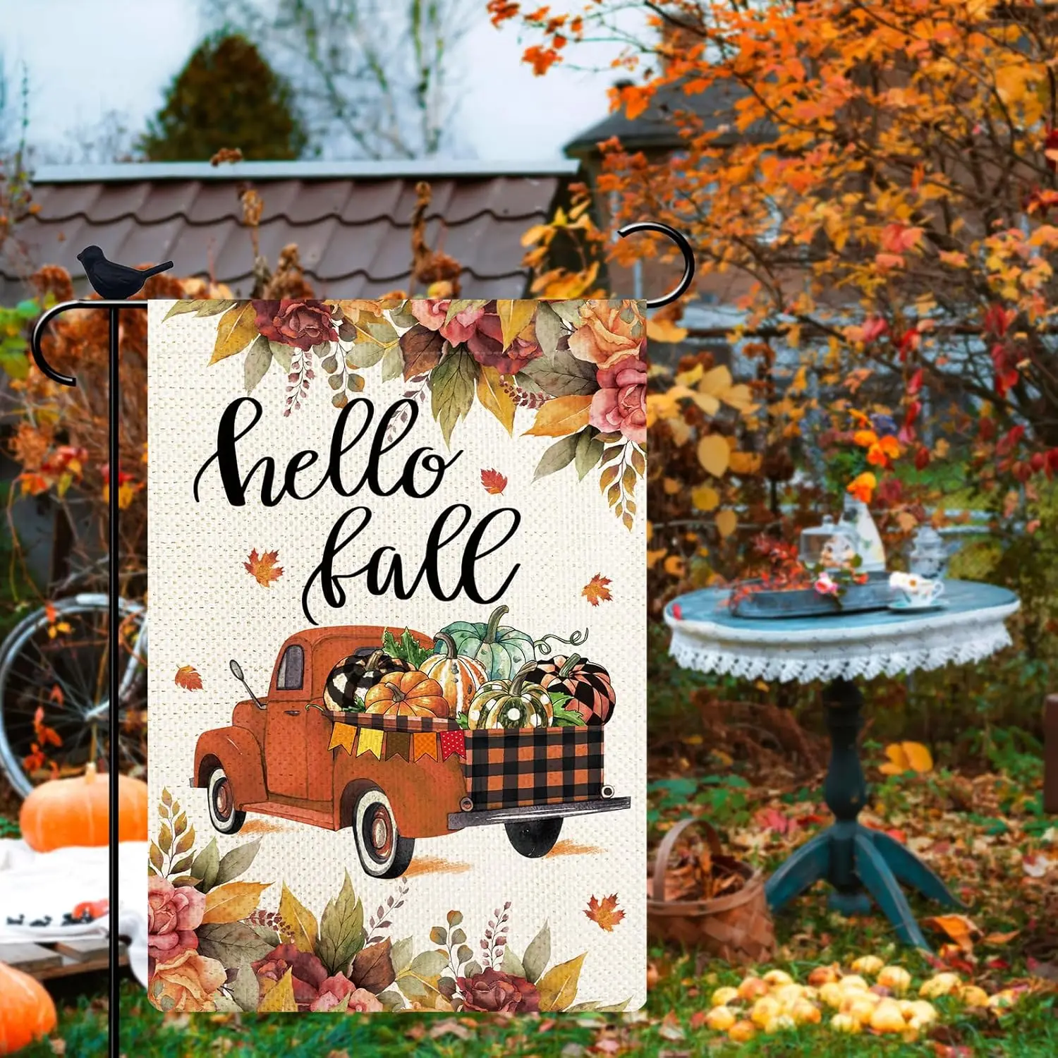 Hello Fall Truck Garden Flag Fall Thanksgiving Day Gift Pumpkins Maple Leaves for Outside Party Fall Holiday Gift For Truck Love