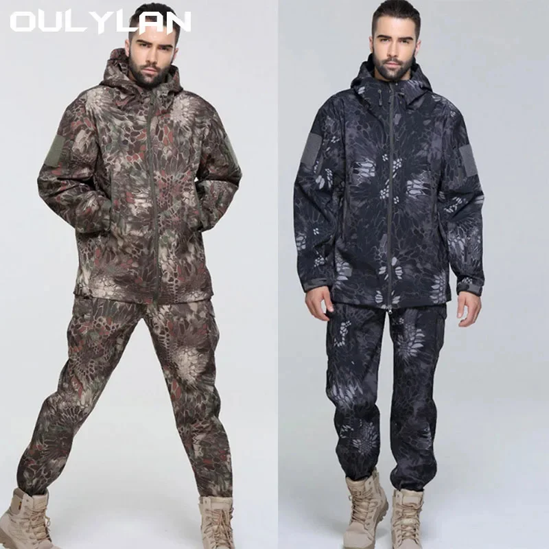 Oulylan Fleece Waterproof Tactical Jackets Set Hunting Fishing Hiking Camping Coat Pants Tracksuits Hooded Thermal Camo Clothes