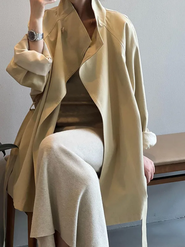 

Ретро-элегантное женское пальто средней длины с завышенной талией, повседневная куртка с воротником-стойкой в корейском стиле, из полиэстера, с длинными рукавами