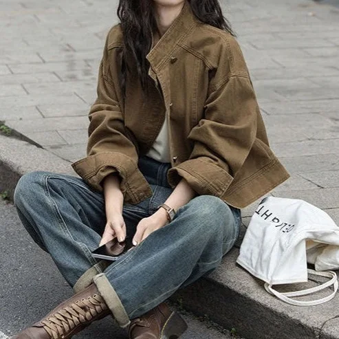 

Retro Coffee Color Denim Short For Women, New Spring And Autumn Design, Loose Stand Collar Workwear Jacket Top