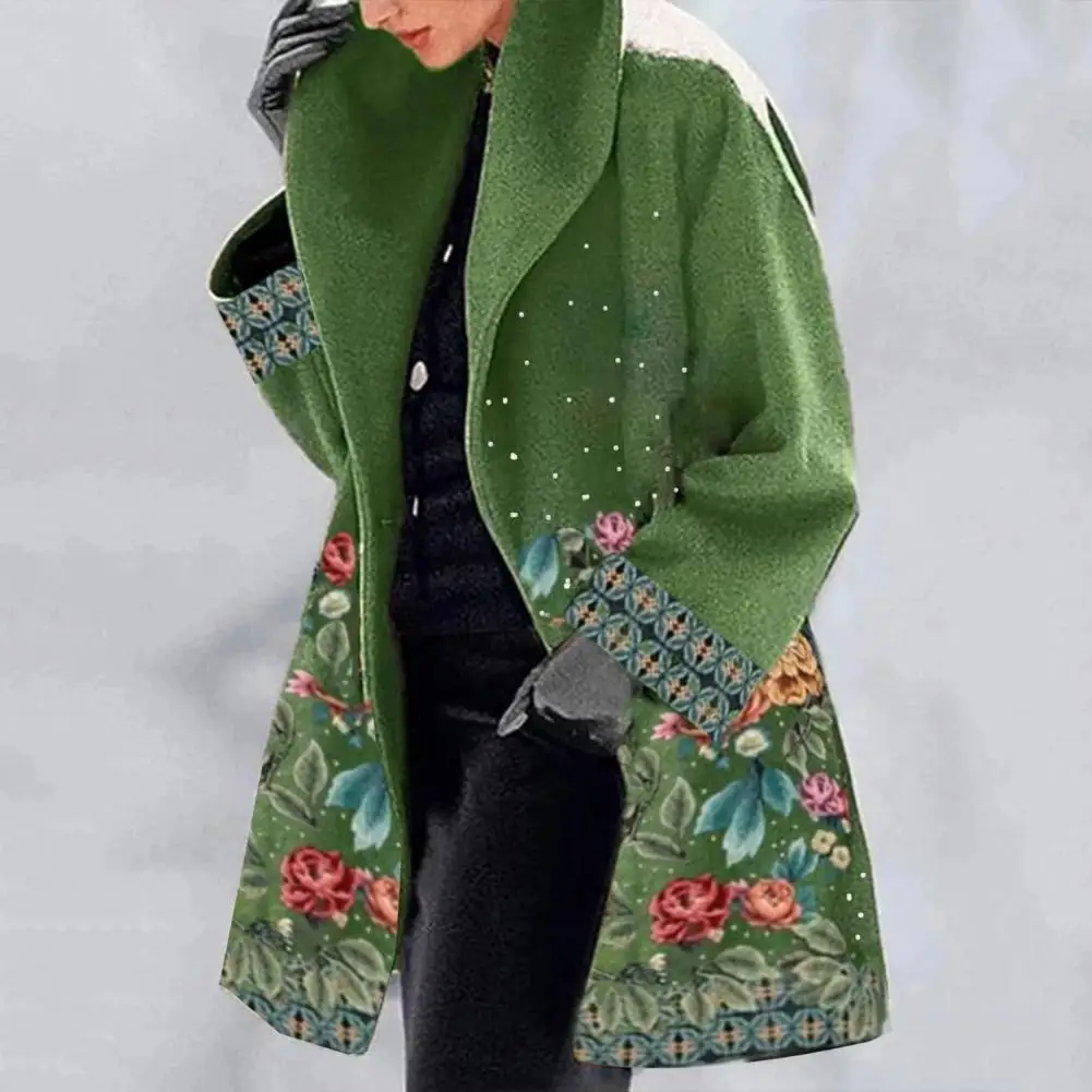 Women Jacket Elegant Street Cardigan Coat Women\'s Plus Size Floral Print Overcoat for Fall Winter with Thick Warmth Mid Length