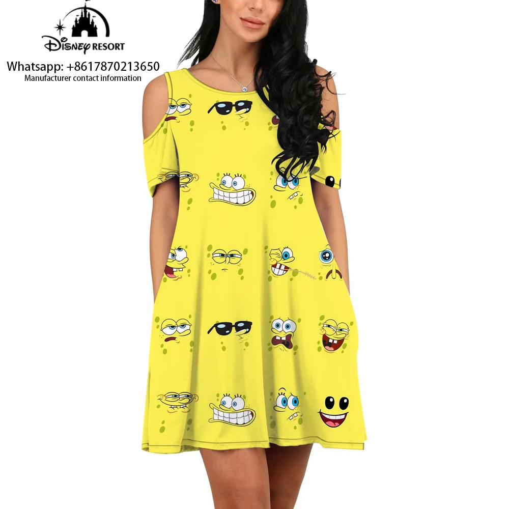 Spongebob cartoon dress summer new women's dress comfortable, fashionable and casual pullover short-sleeved shoulder-exposed dre