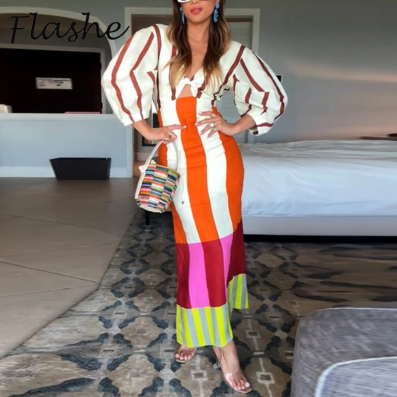 Sommer Frauen Strand Urlaub Kleid Hohl Patchwork V-ausschnitt Halbe Hülse Weibliche Maxi Kleid Frauen Casual Print Party Langes Kleid