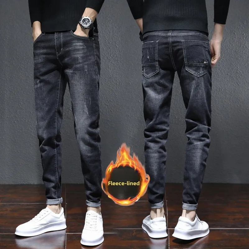 

Men's Fce Lined Slim Fit Jeans Casual Thi Warm Long Trousers Autumn Winter Faionable Comfortable Cotton Polyester Blend