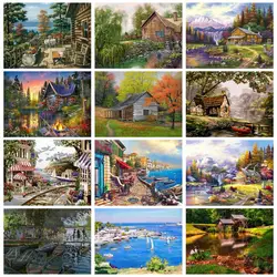 CHENISTORY DIY Painting By Numbers Countryside Landscape Wall Art Picture Handpainted Oil Painting For Room Artwork Wooden House
