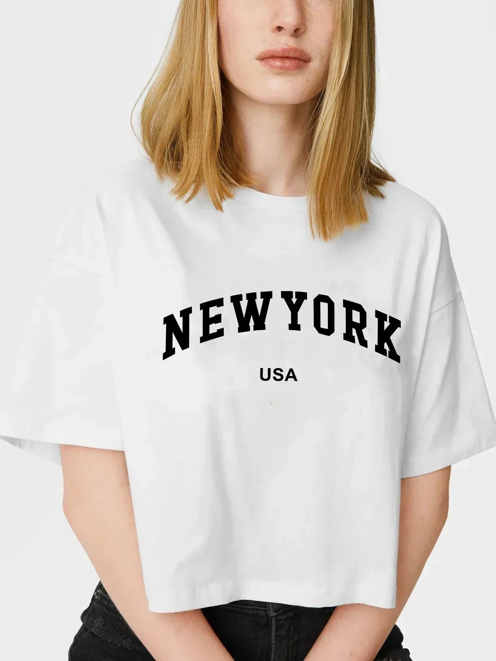 New York USA Letter Printed Tee Shirts Cotton Women Crop T-shirts Casual Loose O-Neck Short Sleeves Clothes Fashion Female Tops