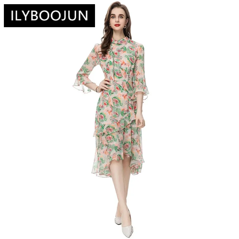 

ILYBOOJUN Fashion Designer Summer Dress Women Three Quarter sleeve Ruffled Flowers Print Elegant vacation Party Dress