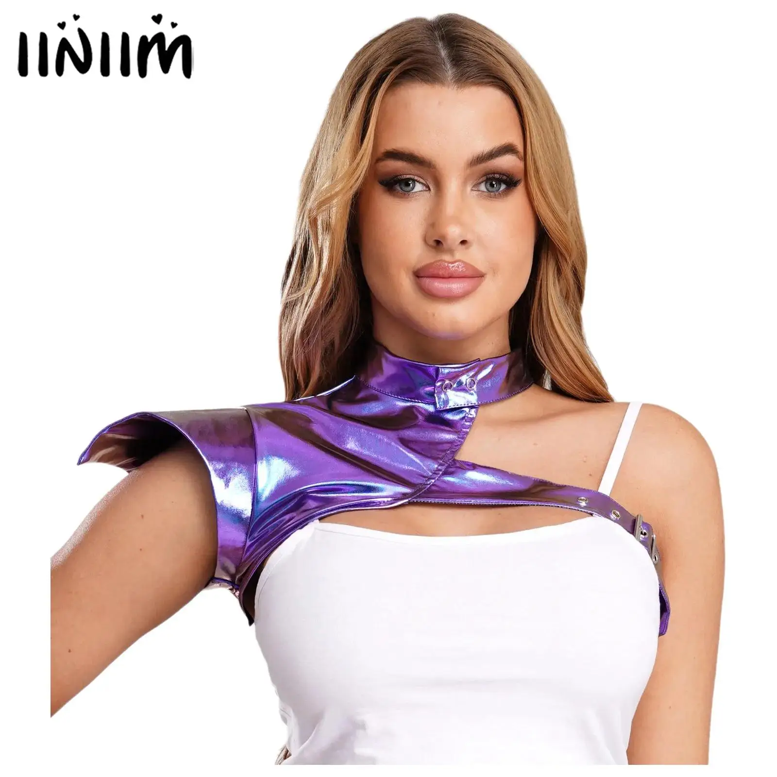 

Womens Shiny Shrugs Shawls Steampunk Tops Shoulder Armor Fly Sleeve One Shoulder Adjustable Buckle Metallic Raves Gothic Costume