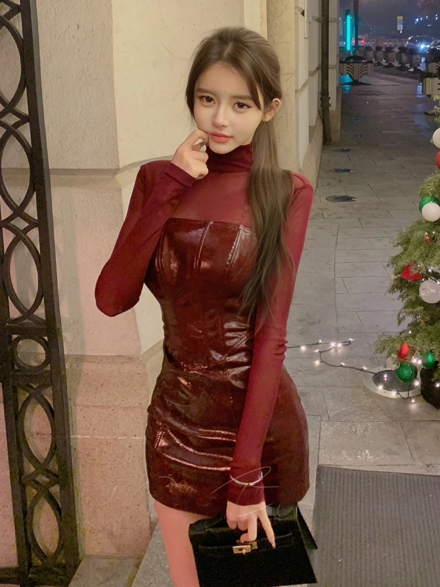 

Sexy Red Me Top Waist-Cinching Tube Top Skirt Set for Women Long Sve Faionable Two-Piece Suit Spring Autumn Winter