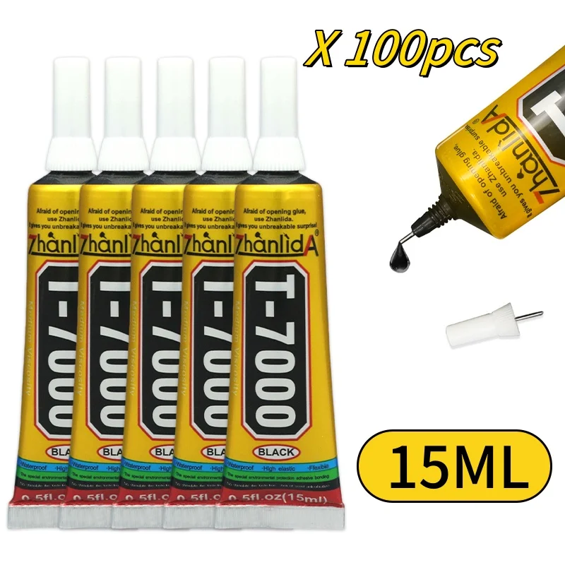 

100pcs 15ML Mobile Phone Repair T7000 Black Super Glue, With Metal Needle, Phone Touch Screen/Back Cover/Frame Repair Adhesive