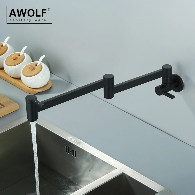 Awolf Black Countertop Pot Filler Wall Mounted Kitchen Faucet Lengthen Folding 360 Degree Rotation Solid Brass Water Tap FW009